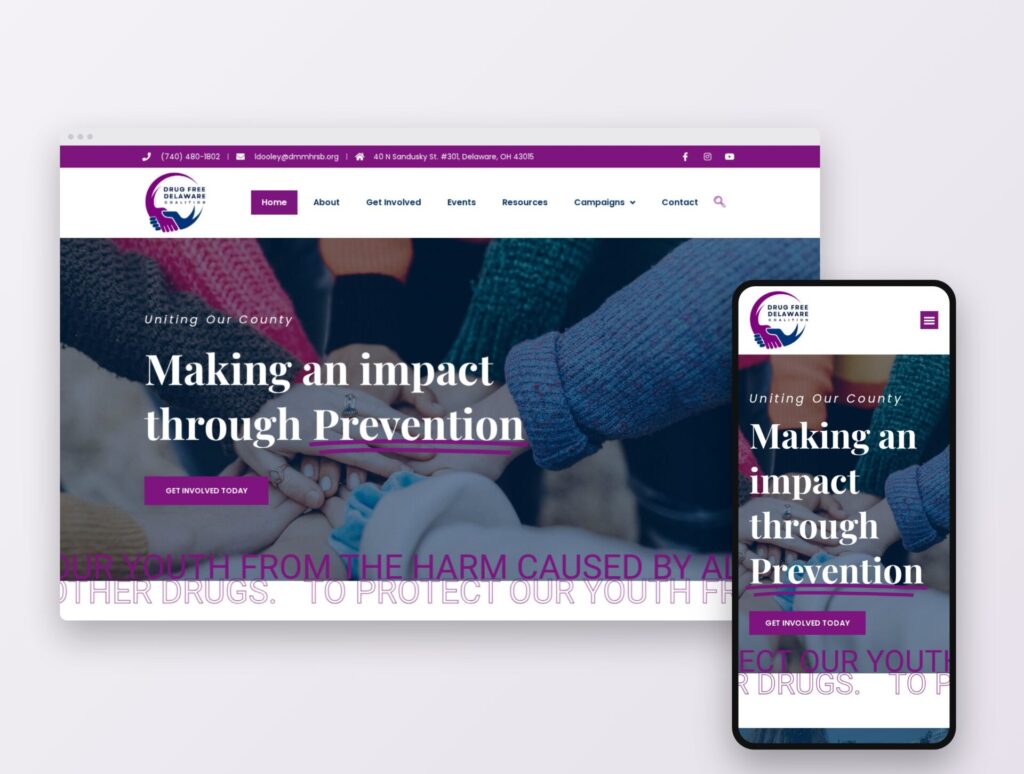 Drug Free Delaware website redesign shown on desktop, tablet and mobile
