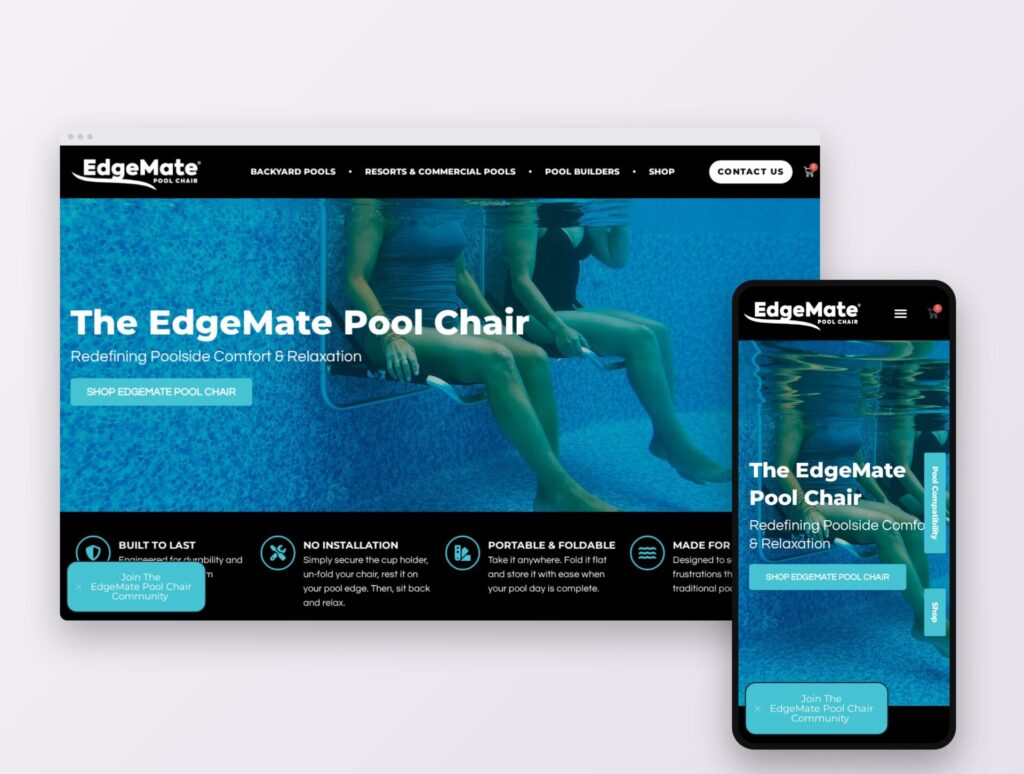 EdgeMate Pool Chair website shown on desktop and mobile