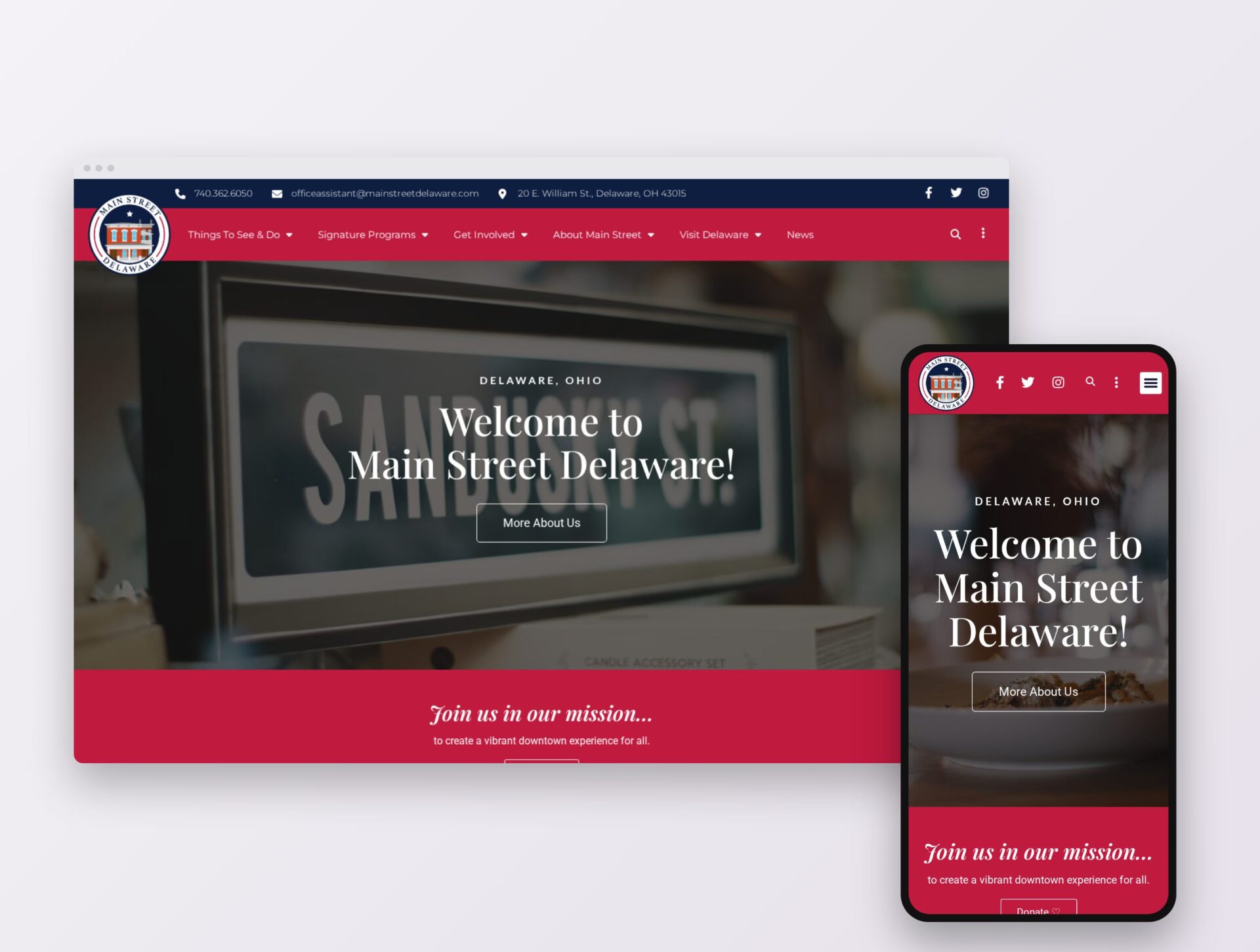 Main Street Delaware website shown on desktop and mobile