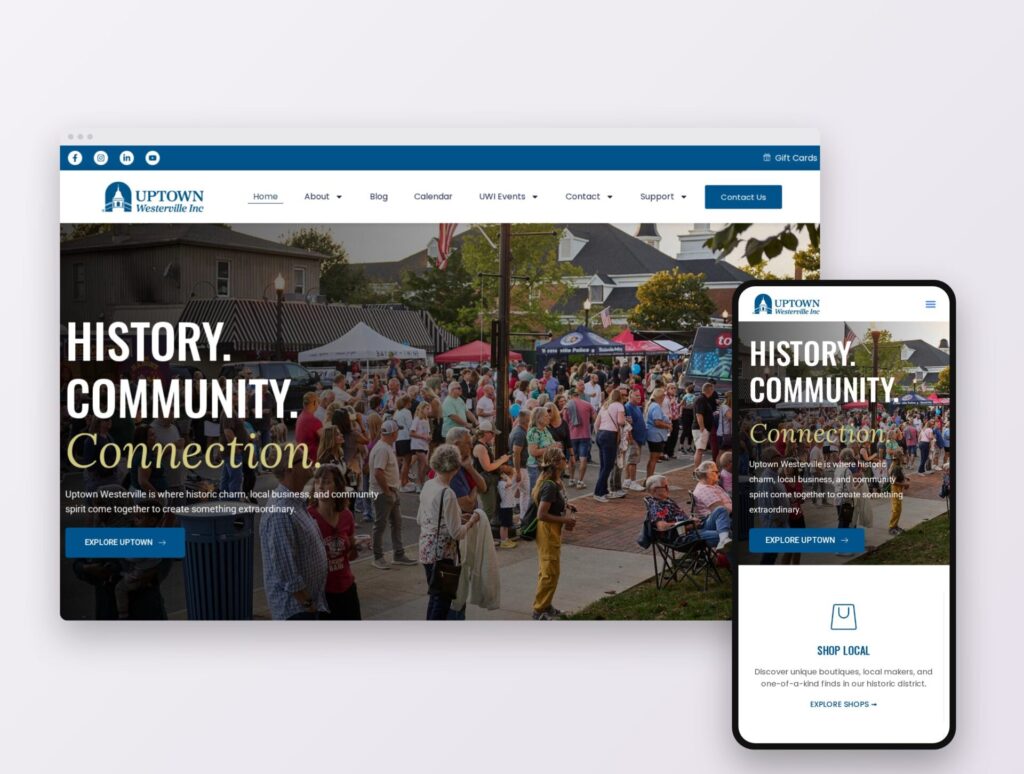 Uptown Westerville website shown on desktop and mobile