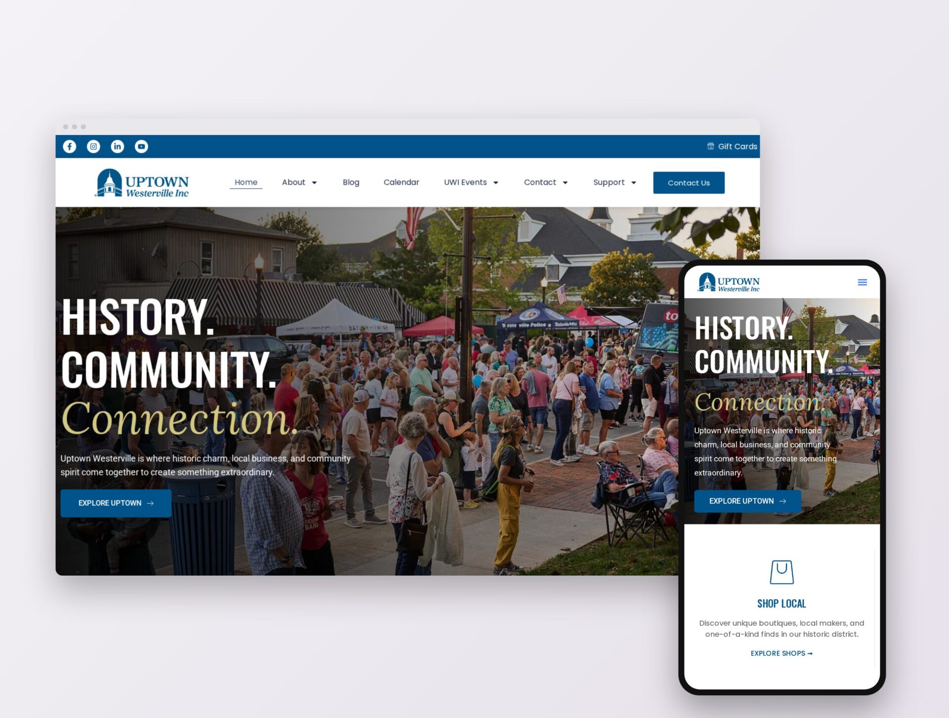Uptown Westerville website shown on desktop and mobile